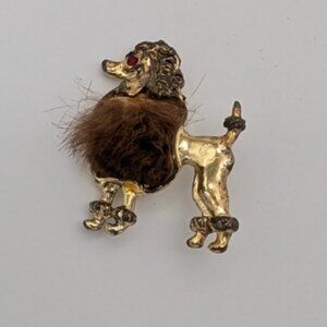 vintage brooch gold tone poodle rhinestone eye faux fur - as is